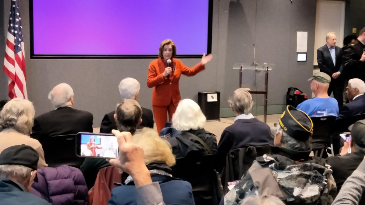 House Speaker Nancy Pelosi, speaking to the audience, delivering her respect and devotion in supporting not only for the Vietnam Veterans but all service personnel who serve this country at Pier 1 in San Francisco, CA, on Friday, March 29, 2024.