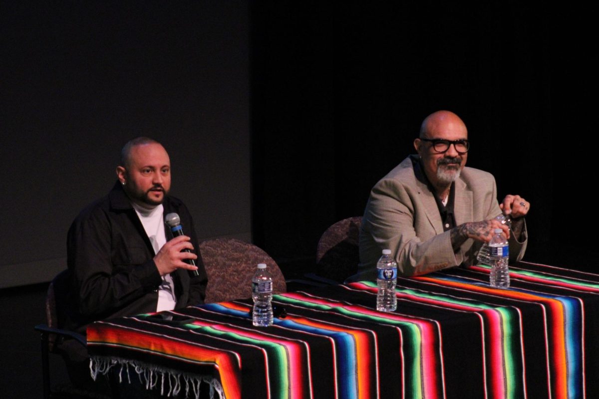 Brandon Loren Maxwell with John Ulloa, speaking in the Q&A  discussion panel during the American Homeboy event in the Knox Performing Arts Center at Contra Costa College in San Pablo, CA, on Friday, April 12, 2024.