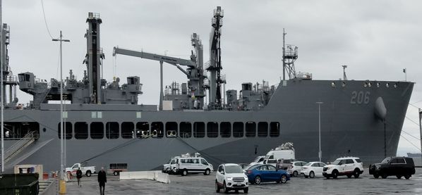 A view of USNS Harvey Milk docked at Pier 30/32 in San Francisco, CA on Friday, March 29, 2024. 
