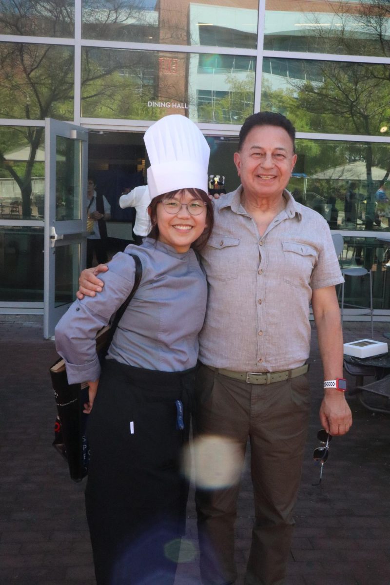 chef nader sharkes with chef penny chuah in front of the dining hall, April 21st