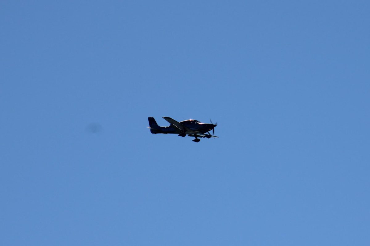 A small plane slows down to try to spot a small whale above Pillar Point Harbor in Half Moon Bay, Calif., on Sept. 7, 2024. 