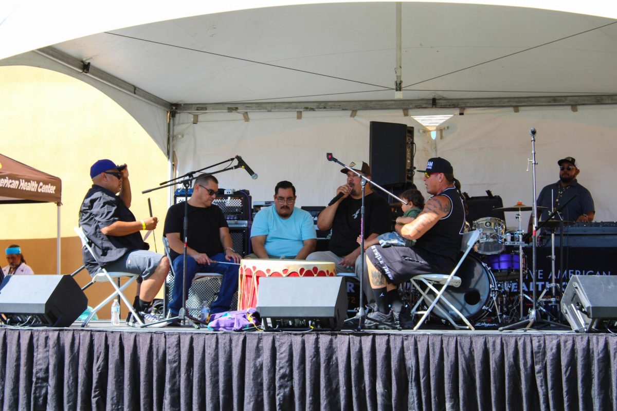 Powwow singers about to perform at the Indigenous Red Market in Derby Ave. in Oakland, Calif., on Oct. 6,2024