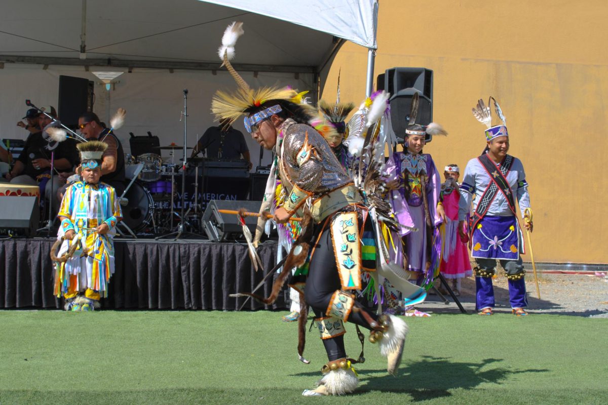 Daniel performing Chicken dance this style from the blackfeet nation it emulates the prairie chicken as it gets ready for mating season at the Indigenous Red Market in Derby Ave. in Oakland, Calif., on Oct. 6,2024
