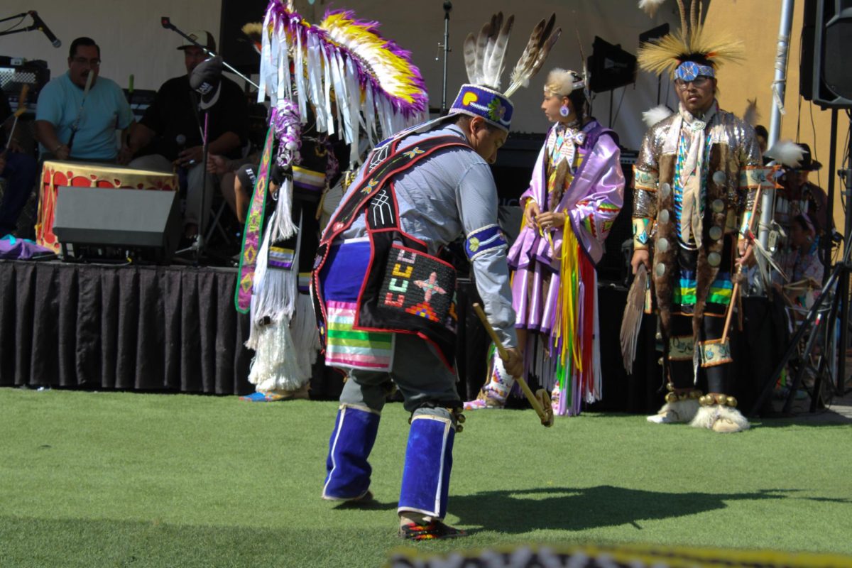 Chris doing the woodland dance at the Indigenous Red Market in Derby Ave. in Oakland, Calif., on Oct. 6,2024
