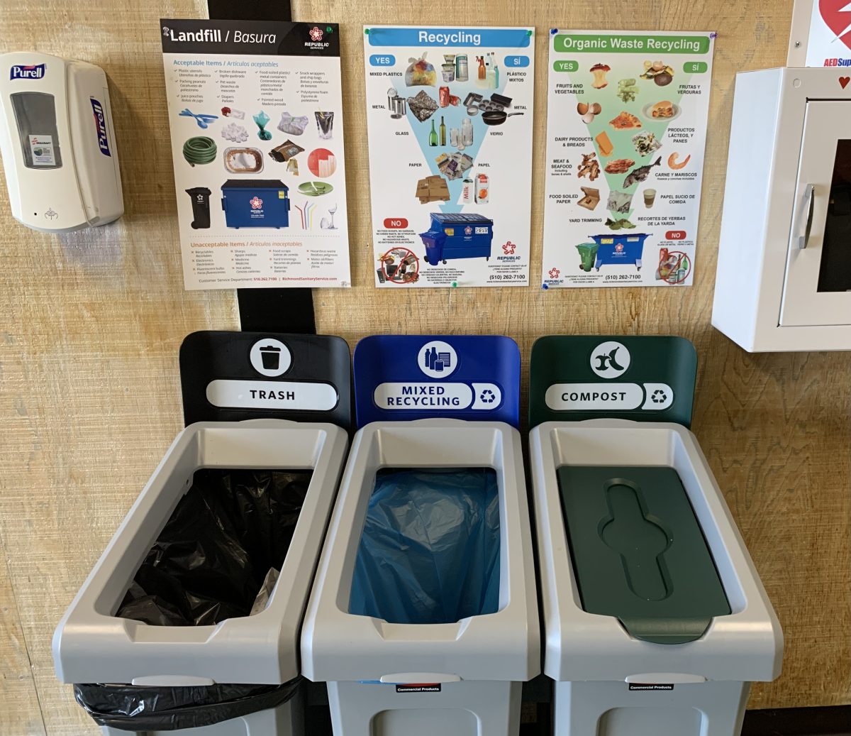 Three-stream bins and educational posters in the Applied Arts building at Contra Costa Community College, CA, Monday, Sept. 23, 2024.