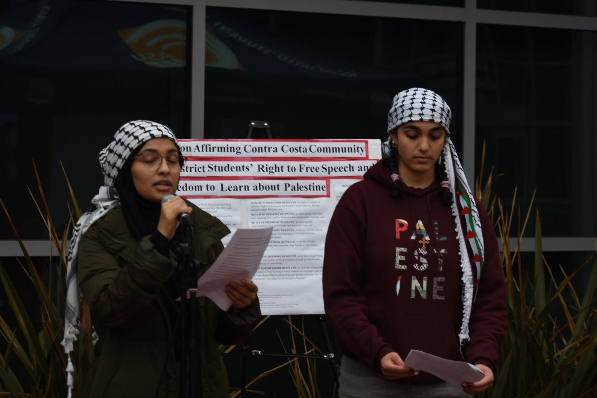 Sophie and Eman A talking about the Lack of rights for middle eastern students. At Contra Costa College, San Pablo, Calif. Nov. 