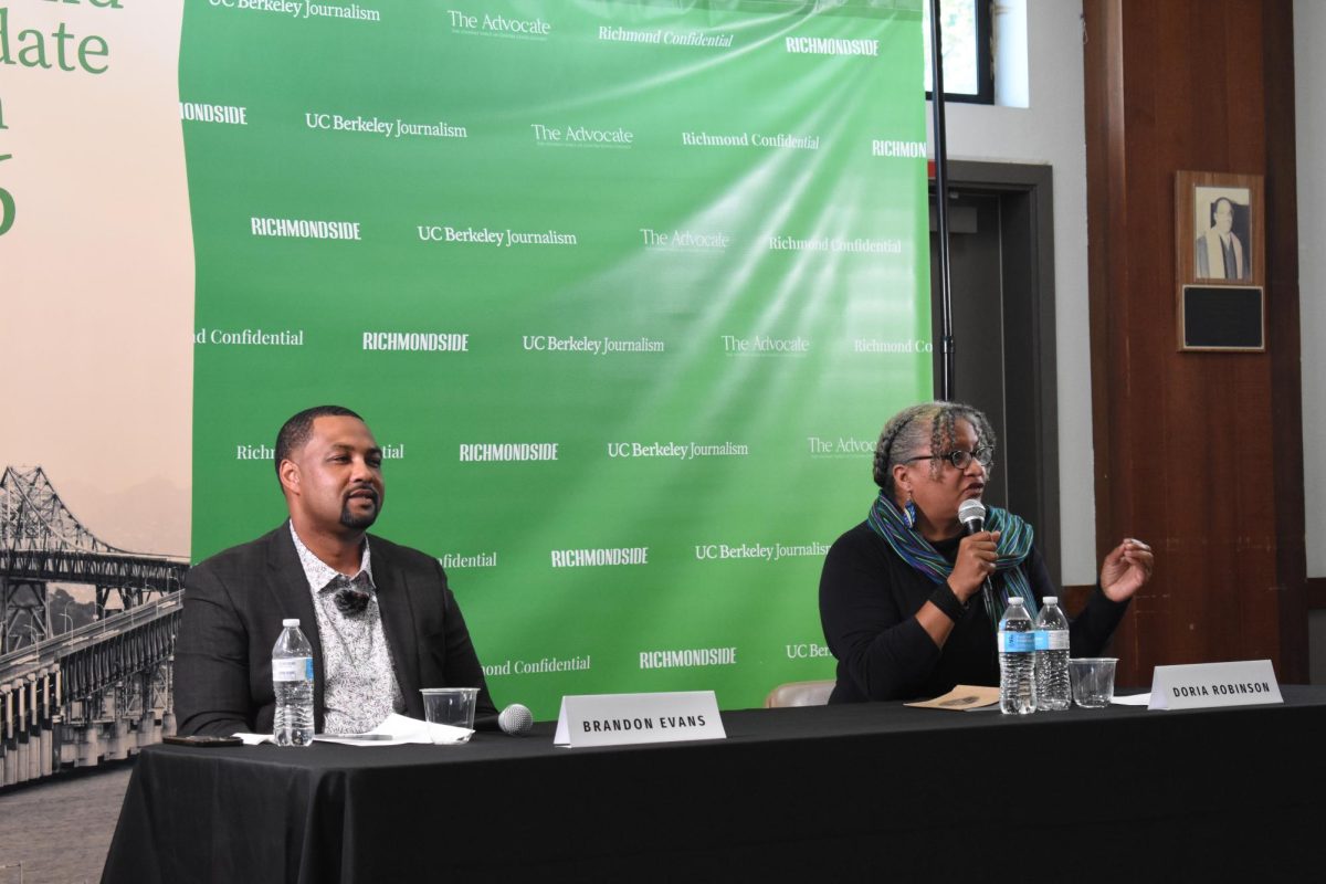 Brandon Evans and Doria Robinson  answering public comment at Richmond Candidate Forum 2026 on May 7. 